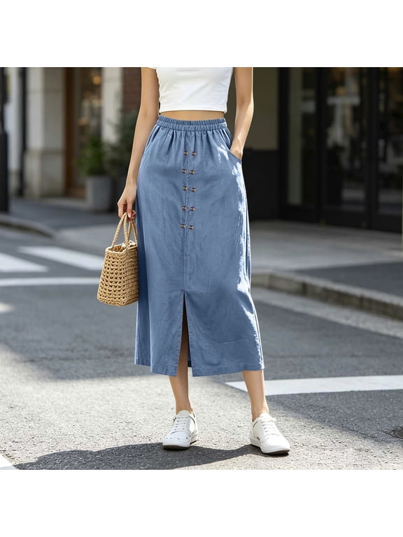 Women’s Elastic Waist Midi Skirt, Linen Look Front Button Center Split Side Pockets, Relaxed Cut for Town Markets Blue S