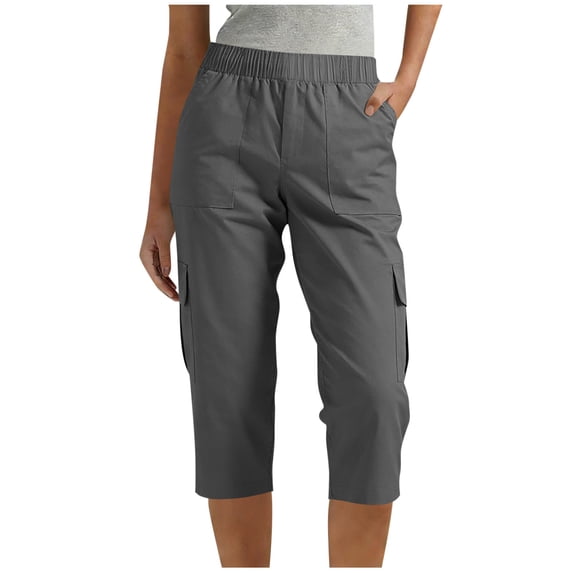 PWPSG Women's Elastic Waist Multi Pocket Cargo Capri Pants, Loose Comfort Fit with Pockets for Daily Commute Outdoor Wear Gray XXL