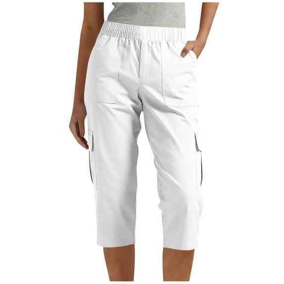 PWPSG Women's Elastic Waist Multi Pocket Cargo Capri Pants, Loose Comfort Fit with Pockets for Daily Commute Outdoor Wear White M