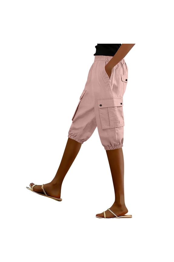 Women's Elastic Waist Multi Pocket Cargo Jogger Capri Pants, Breathable with Pockets, Multi Colors for Daily Commute Wear Pink L