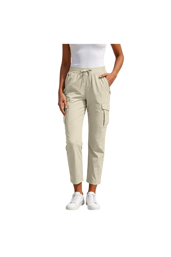Women's Elastic Waist Side Pocket Straight Leg Cargo Pants, Breathable Comfort Trousers for Daily Commute & Utility Casual Wear Beige S