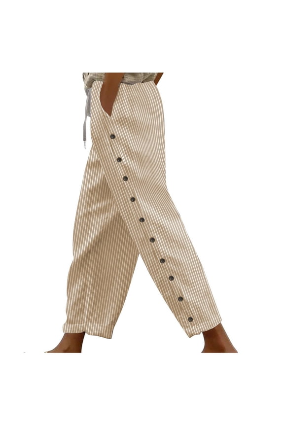 Women's Elastic Waist Striped Side Button Detail Tapered Pants, Breathable Comfort Trousers for Daily Commute & Trendy Style Beige L