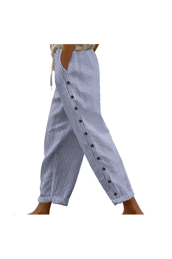 Women's Elastic Waist Striped Side Button Detail Tapered Pants, Breathable Comfort Trousers for Daily Commute & Trendy Style Blue S