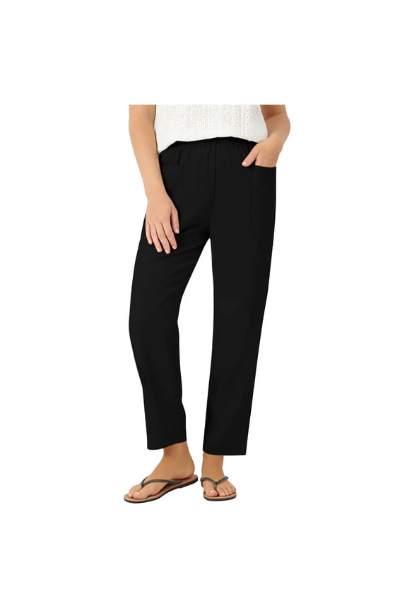 Women's Elastic Waist Textured Straight Leg Ankle Pants, Breathable Comfort Trousers for Everyday Wear & Modern Casual Style Black M