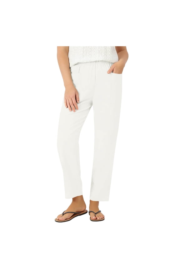 Women's Elastic Waist Textured Straight Leg Ankle Pants, Breathable Comfort Trousers for Everyday Wear & Modern Casual Style White XXL