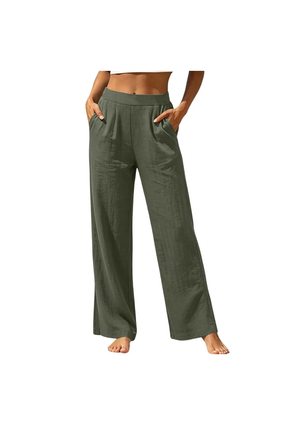 Women's Elastic-Waist Wide-Leg Pants, Timeless Solid Tone and Premium Textured Details for All-Day Relaxed At-Home Lounging Green S