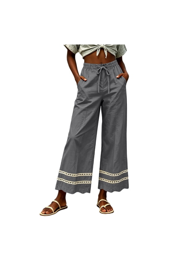 Women’s Eyelet-Trim Cropped Linen Pants, DUnrefinedstring Elastic-Waist Build with Side-Slip Pockets for Weekly Rural Local Market Errands Gray S