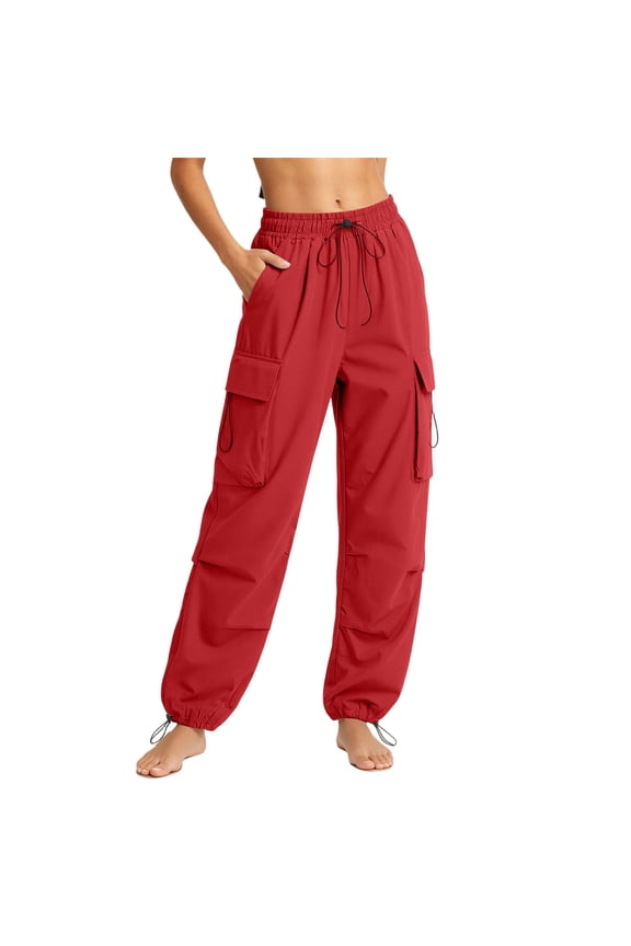 Women’s Flap-Cargo Jogger Pants, Elastic-Waist Light-Shell Cut for Remote Wild Field Overnight Campout Trips Red M