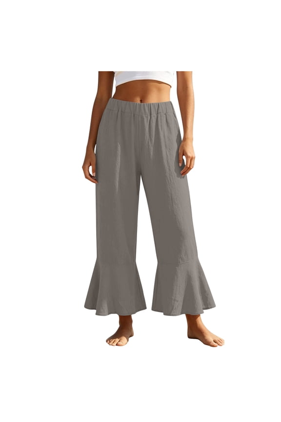Women’s Flared Cropped Pants, DUnrefinedstring Ruffle-Hem Detail with Hidden Pockets for Cozy Home Tea Relaxing Moments Gray M