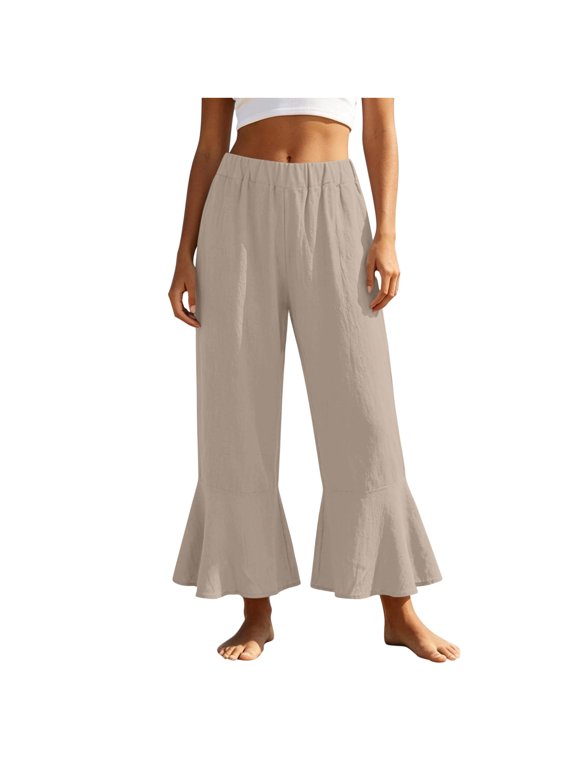 Women’s Flared Cropped Pants, DUnrefinedstring Ruffle-Hem Detail with Hidden Pockets for Cozy Home Tea Relaxing Moments Yellow S