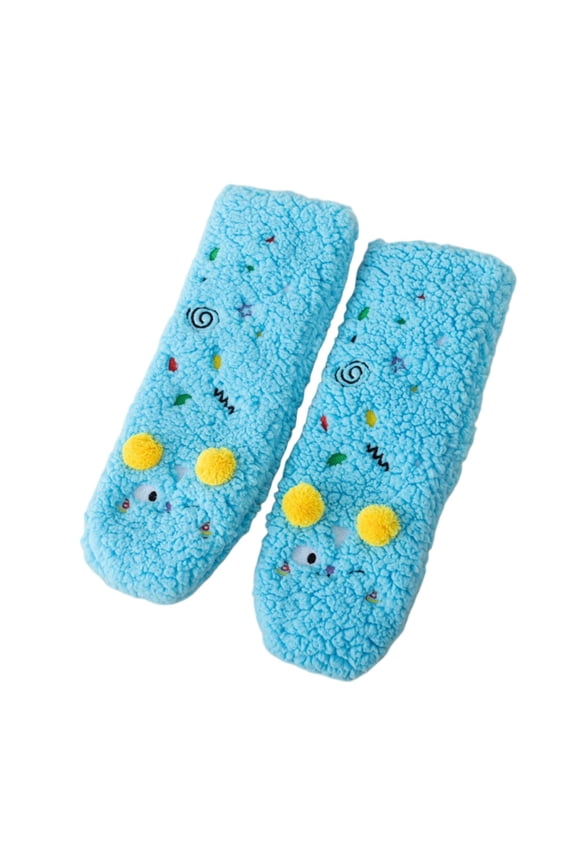 Women's Fleece Socks Fall Winter Fuzzy Warm Socks Cute Funny Monster Design Mid-Calf Sock Non-Slip Cozy House Sleeping Socks Blue Free Size