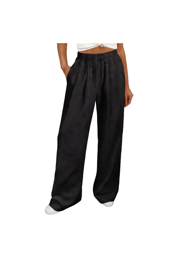 Women's Flowy Wide Leg Pants, Elastic Drawstring Waist with Pockets for Casual Daily Wear