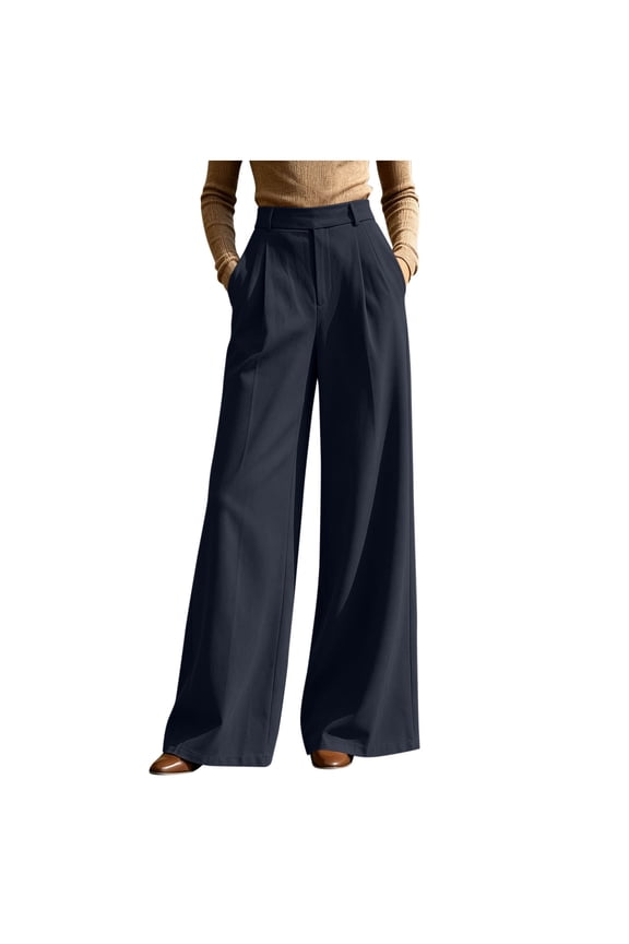 Women’s Front-Pleated Full-Length Wide-Leg Dress Pants, High-Rise Waist & Stiff-Blend Cut for Upscale Formal Banquet Events Blue S