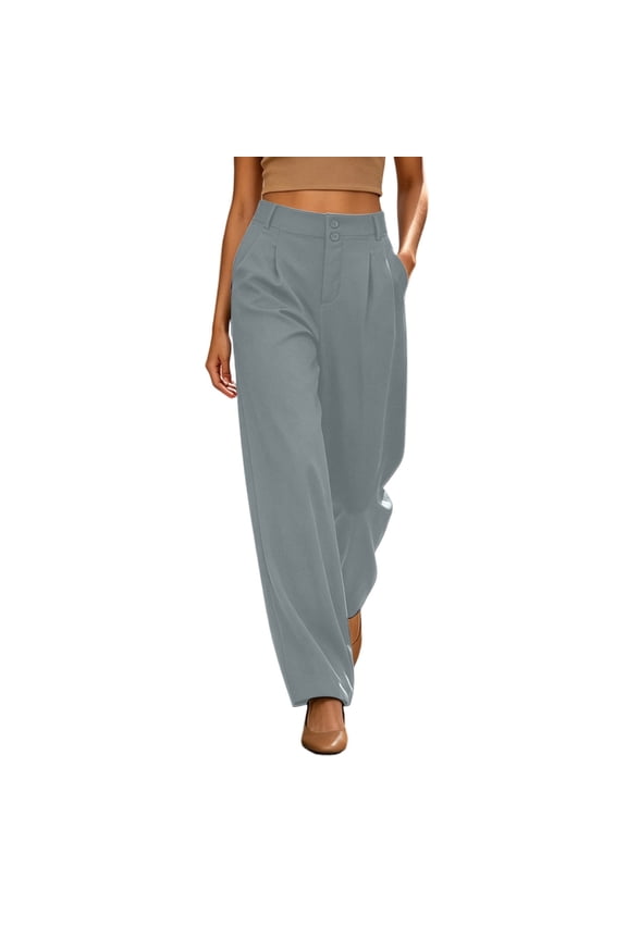 Women’s Front-Pleated Wide-Leg Suit Pants, Double-Button Waist & Wrinkle-Free Cut for Relaxed Downtown Café Pause Moments Gray S