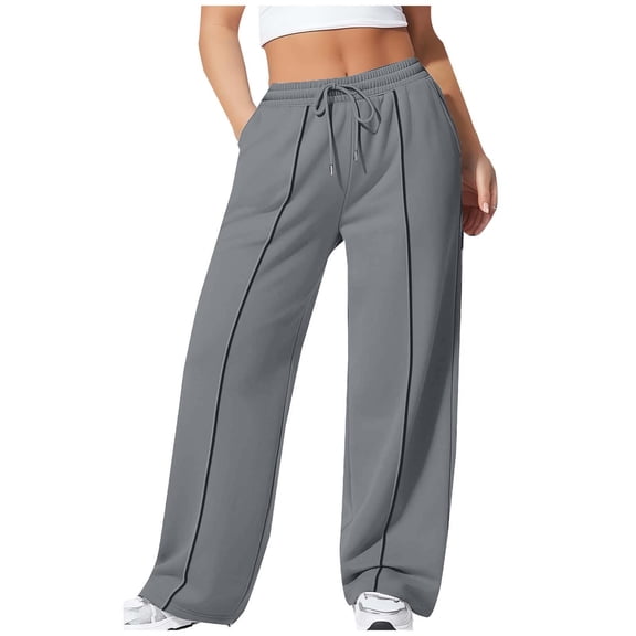 PWPSG Women's Full Length Wide Leg Pants, Center Seam Design, Drawstring Closure with Side Slip Pockets for Travel Friendly Trips in Fall Winter Gray L