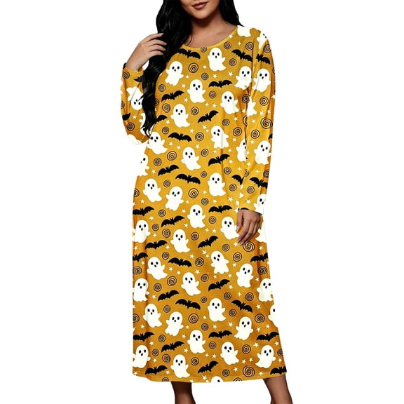 PWPSG Women's Ghost Bat Print Plus Size Nightgown, Crew Neck, Long Sleeves, Loose Fit for Halloween Indoor Relaxation Yellow M
