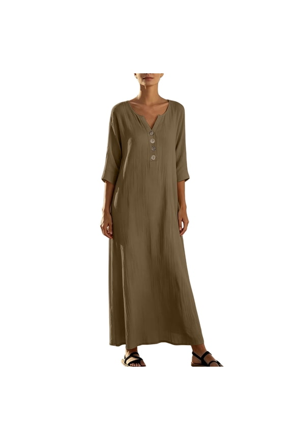 Women's Half Button V Neck 3/4 Sleeve Maxi Dress, Solid Loose Straight Style, Breathable Weave For Simple Outings Brown S