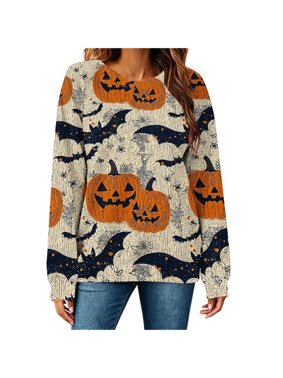 Women’s Halloween Crew Neck Sweatshirt, Allover Pumpkin Bat & Spiderweb Vintage Print, Relaxed Silhouette for Seasonal Outdoor Strolls Gray XXL