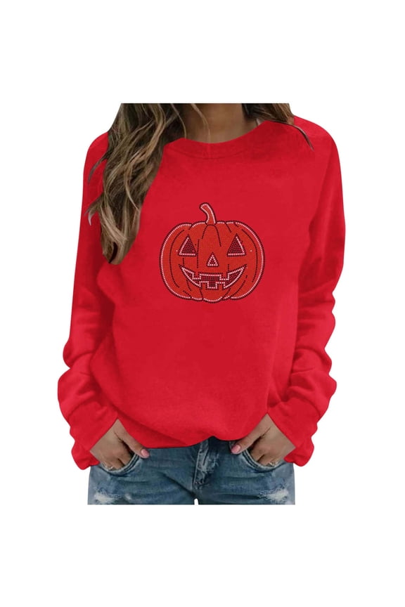 Women’s Halloween Crew Neck Sweatshirt, Jack-o'-Lantern Rhinestone Design, Sparkling Hot Stamping, Comfort Fit for Fall Weekend Gatherings Red S