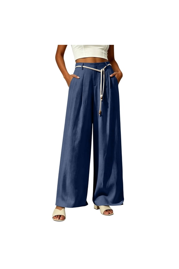 Women’s High-Pleated Wide-Leg Linen Pants, Rope-Belt Waist with Concealed Side Pockets for Remote Rural Day Hiking Outings Blue S