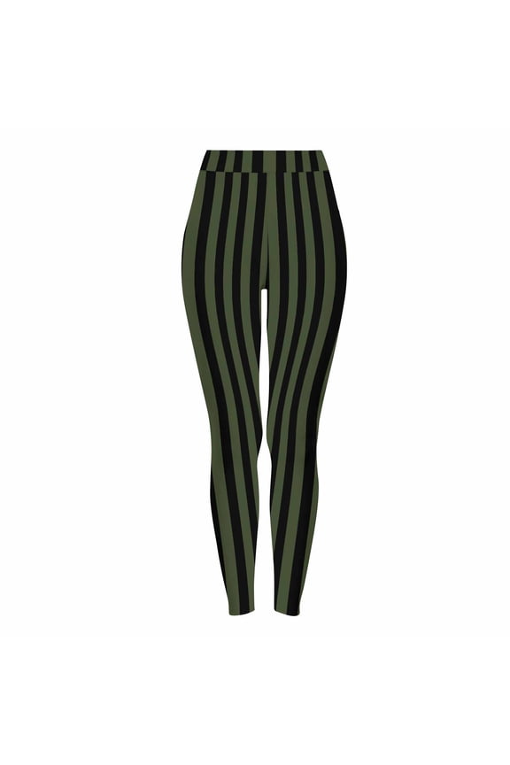 Women’s High-Rise Halloween Leggings with Alternating Vertical-Stripe Print Elastic Waist Full-Length for Local Carnivals Green M