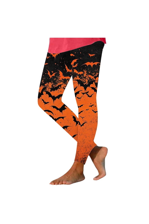 Women’s High-Rise Halloween Leggings with Distressed Splatter Bat Silhouette Print Elastic Waist Full-Length for Theme Parties Orange M