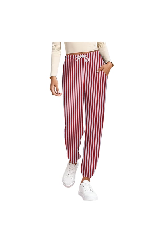 Women's High Rise Jogger Pants, Allover Vertical Stripe Print, Drawstring Waist and Side Pockets for Movie Night Relax in Fall Winter Red XL