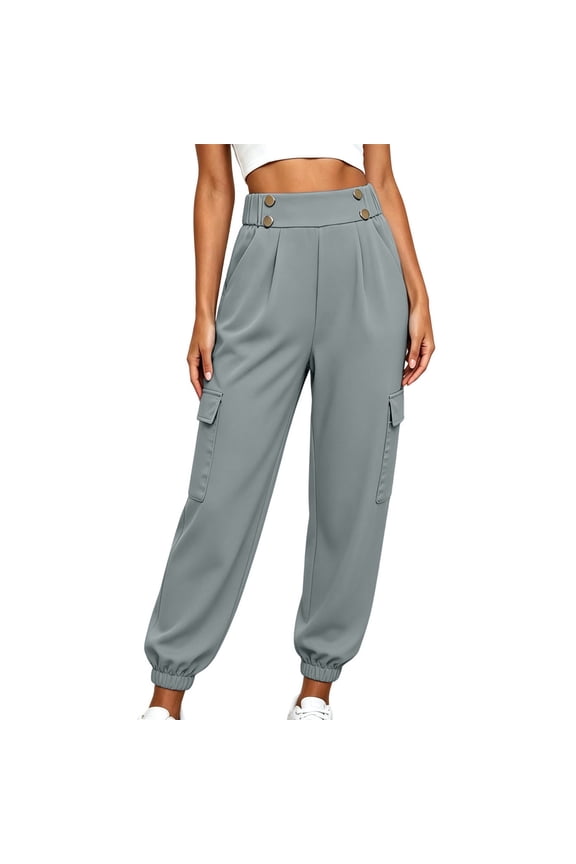 Women's High-Waist Cargo Jogger Pants, Simple Button Waist and Large Multi-Pockets for Trendy Urban Streetwear Fashion Gray S