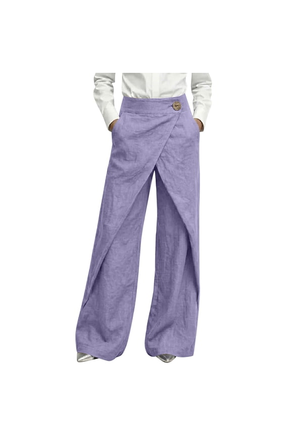 Women's High Waist Cotton Linen Wrap Pants, Button Detail for Casual Daily Outfits