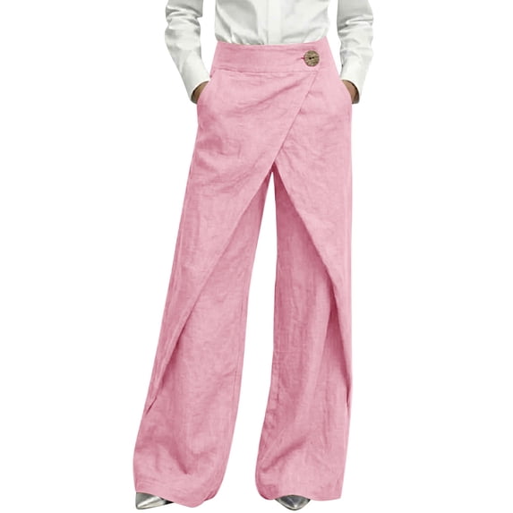 PWPSG Women's High Waist Cotton Linen Wrap Pants, Button Detail for Casual Daily Outfits