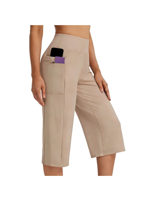 Women's High Waist Double Pocket Phone Slot Slim Fit Capri Pants, High Stretch Butt Lifting for Commute Yoga Workout Yellow M