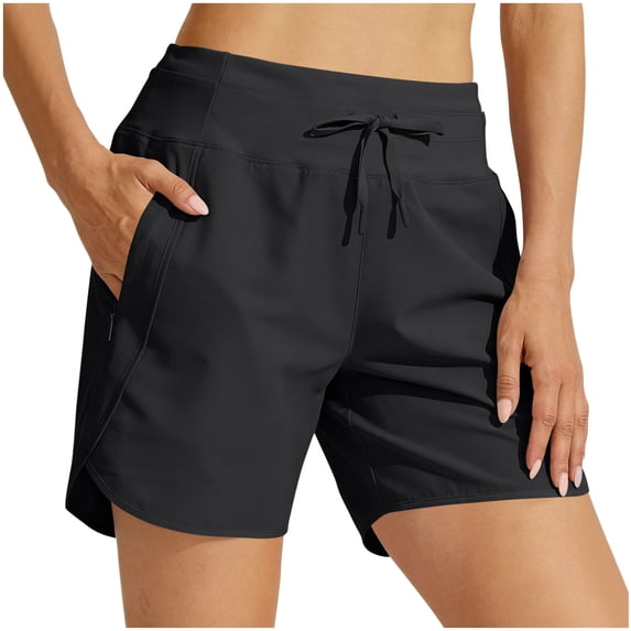 PWPSG Women's High Waist Drawstring Quick Dry Side Split Athletic Shorts, Zipper Pockets for Running Outdoor Daily Commute Black M