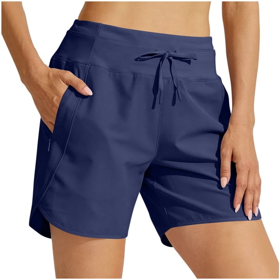 PWPSG Women's High Waist Drawstring Quick Dry Side Split Athletic Shorts, Zipper Pockets for Yoga Workout Daily Commute Blue XXL