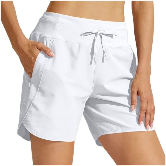 PWPSG Women's High Waist Drawstring Quick Dry Side Split Athletic Shorts, Zipper Pockets for Yoga Workout Daily Commute White S