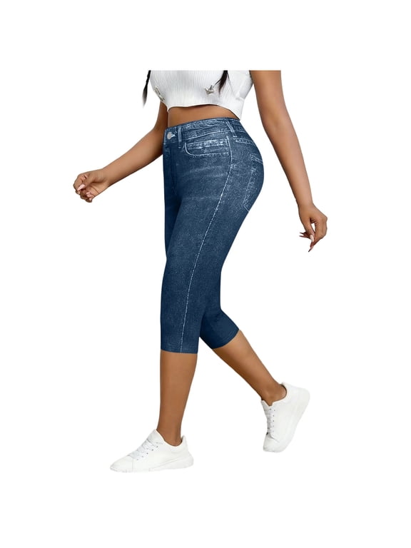 Women's High Waist Faux Denim Slim Fit Butt Lifting Capri Pants, High Stretch for Workout Running and Daily Commute Style Blue XL