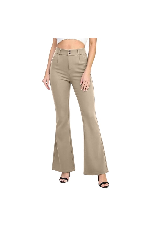 Women's High-Waist Flare Pants, Dual Button Waist, Neat Front Seam Stitching and Split Hem for Upscale Smart Casual Events Yellow XXS