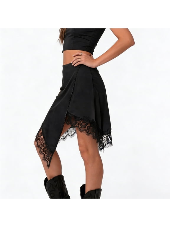 Women's High Waist Midi Wrap Skirt, Asymmetrical Stretch Fabric, Floral Lace Fringe Hem for Street Shoots Black XL