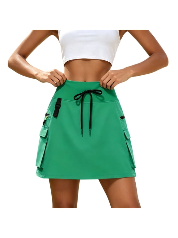 Women's High Waist Mini Skort, Drawstring Cargo Multi Pockets, Quick Dry Full Coverage Liner for Fitness Errands Green XS