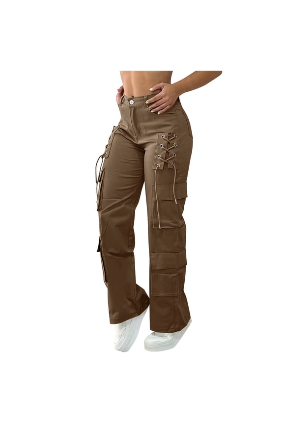 Women's High Waist Side Lace-Up Multi-Pocket Wide Leg Cargo Pants, Breathable Comfort Trousers for Casual Wear & Street Style Brown S