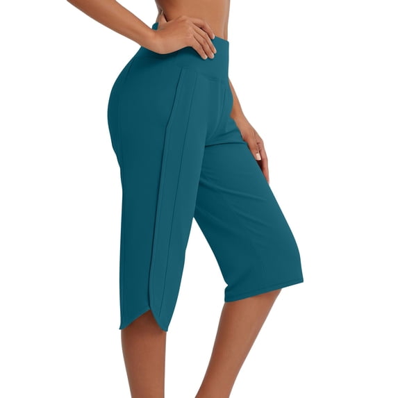 PWPSG Women's High Waist Side Split Yoga Capri Pants, Slim Fit with Pockets for Workout Running Daily Wear Green XXL