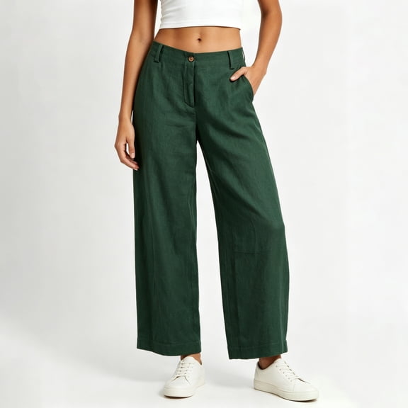 PWPSG Women's High-Waist Straight-Leg Pants, Firm Button Waistband and Premium Textured Details for Hassle-Free Daily Commutes Green M