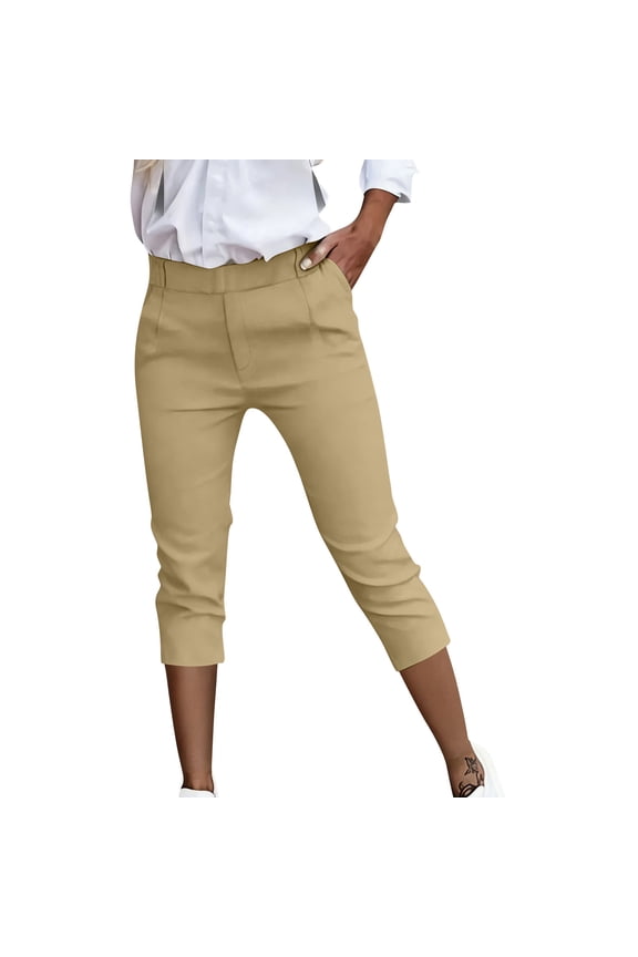 Women's High Waist Straight Leg Slim Fit Commuter Capri Pants, Structured with Pockets for Office Daily Casual Wear Beige XXL