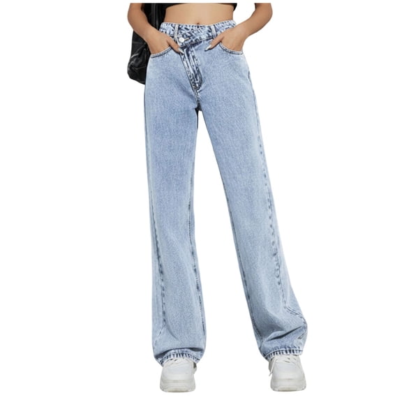 PWPSG Women's High Waist Washed Vintage Straight Leg Denim Pants, Durable Comfort Workwear Trousers for Daily Casual & Everyday Use Blue XS