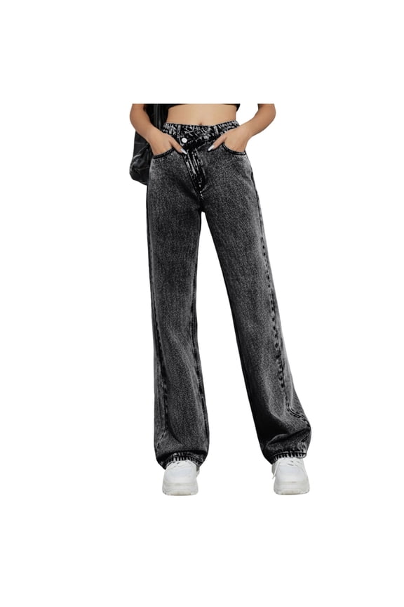 Women's High Waist Washed Vintage Straight Leg Denim Pants, Durable Comfort Workwear Trousers for Daily Casual & Everyday Use Gray XS
