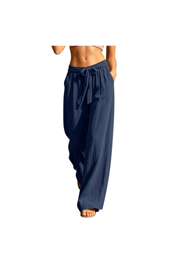 Women’s High-Waist Wide-Leg Linen Pants, Elastic DUnrefinedstring Build & Washed-Crinkle Cut for Warm Tropical Island Getaway Trips Blue M