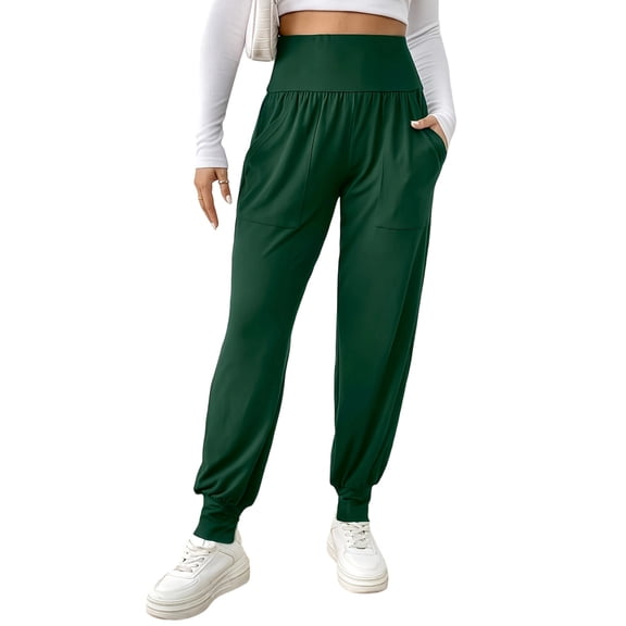 PWPSG Women's High Waist Wide Waistband Jogger Style Pants, Breathable Comfort Trousers for Workout Activities & Fitness Wear Green S