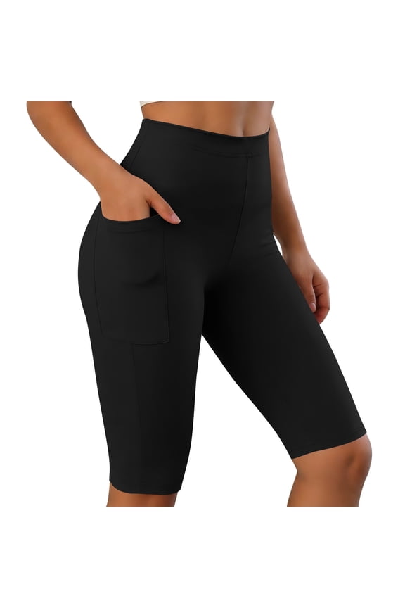 Women's Knee Length Capri Leggings with Pockets High Waisted Workout Exercise Yoga Capris Pants Black L