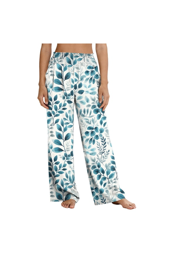 Women's Monstera Leaf Pattern Wide Leg Pants, Elastic Waist for Daily Commute