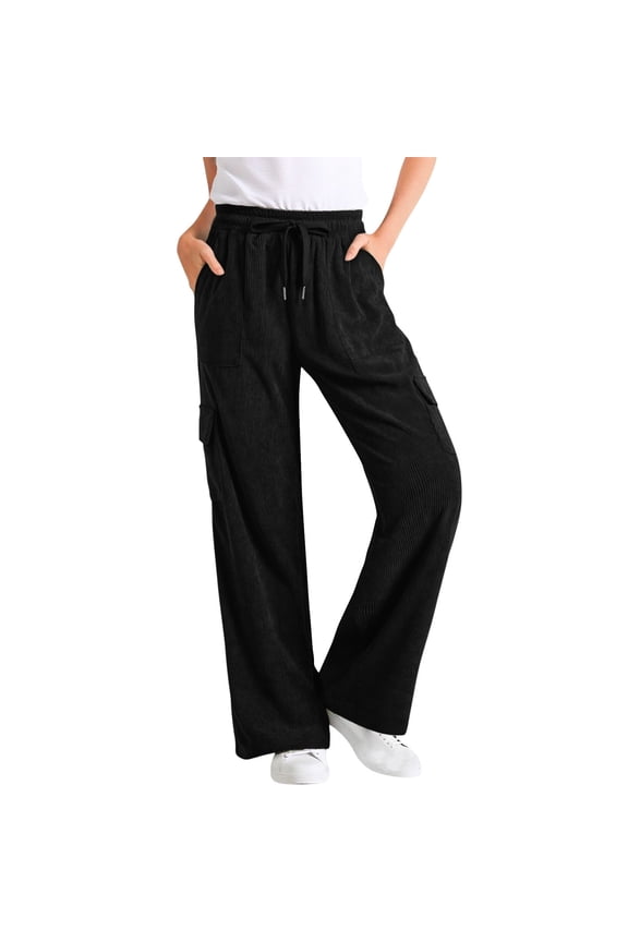 Women's Multi Pocket Cargo Wide Leg Pants, Layered Side Bags, Elastic Drawstring Waist with Thick Textile for Office Commute in Fall Winter Black XL