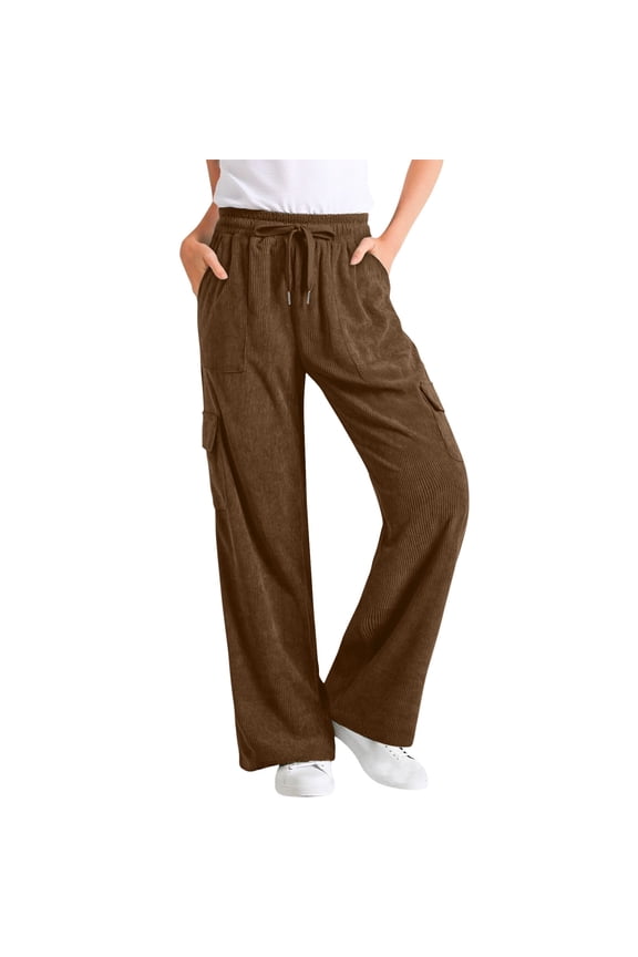 Women's Multi Pocket Cargo Wide Leg Pants, Layered Side Bags, Elastic Drawstring Waist with Thick Textile for Office Commute in Fall Winter Brown L